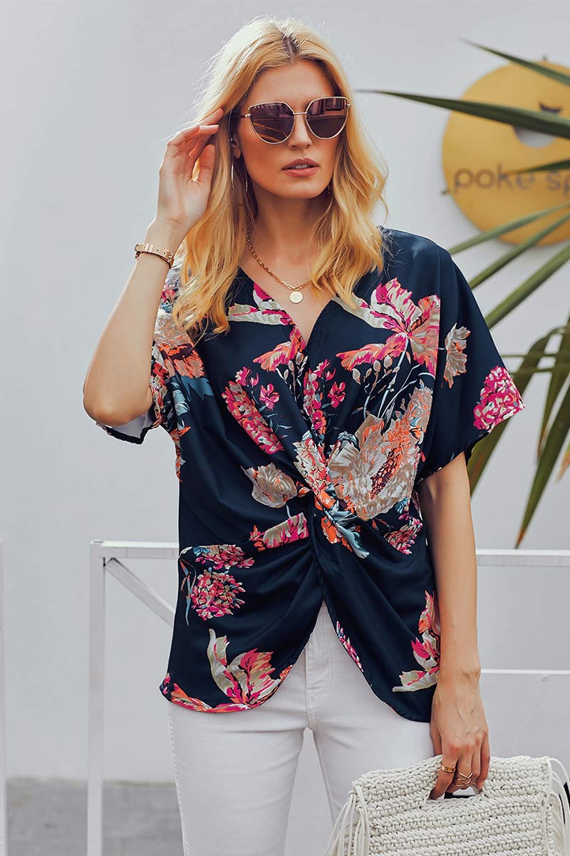 V-neck Twist Printed Blouse With Short Sleeves - Mislish