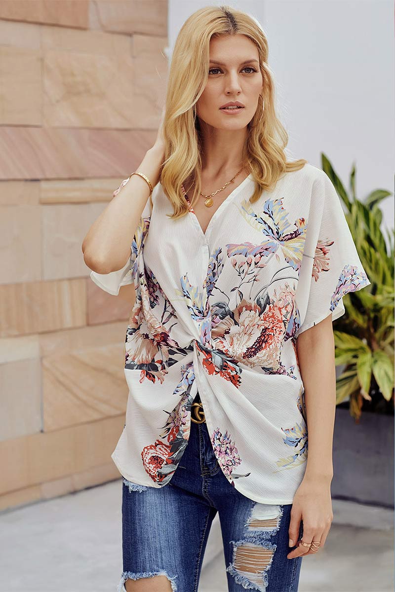 V-neck Twist Printed Blouse With Short Sleeves - Mislish