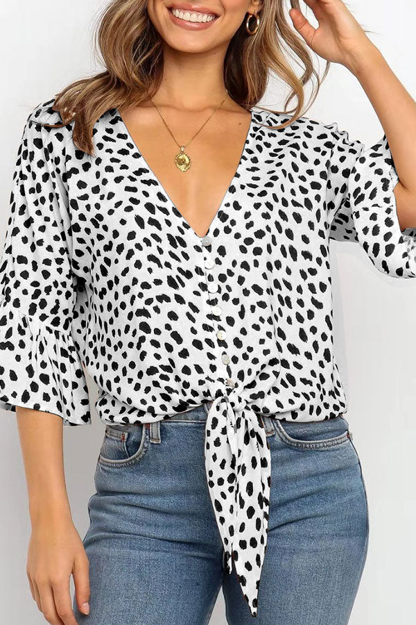 Print V-neck Single Breasted Blouse