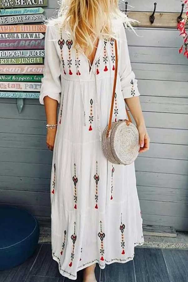 Printed V-neck String Maxi Dress - Mislish