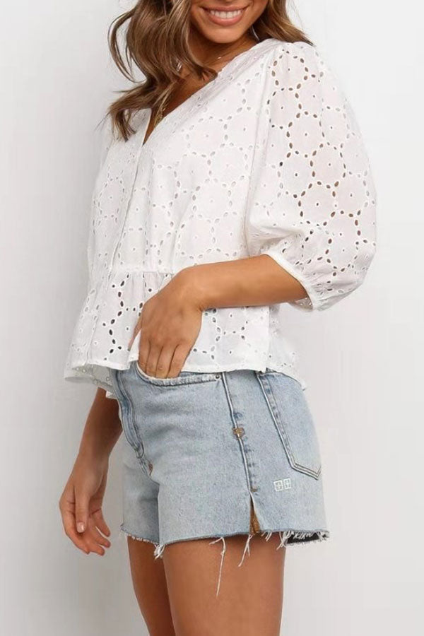 White V-neck Hollow Blouse