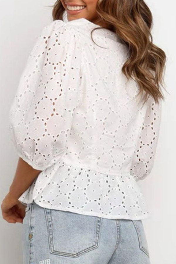 White V-neck Hollow Blouse