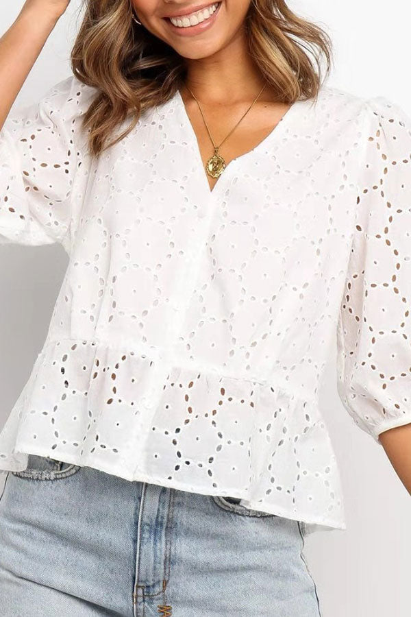 White V-neck Hollow Blouse - Mislish