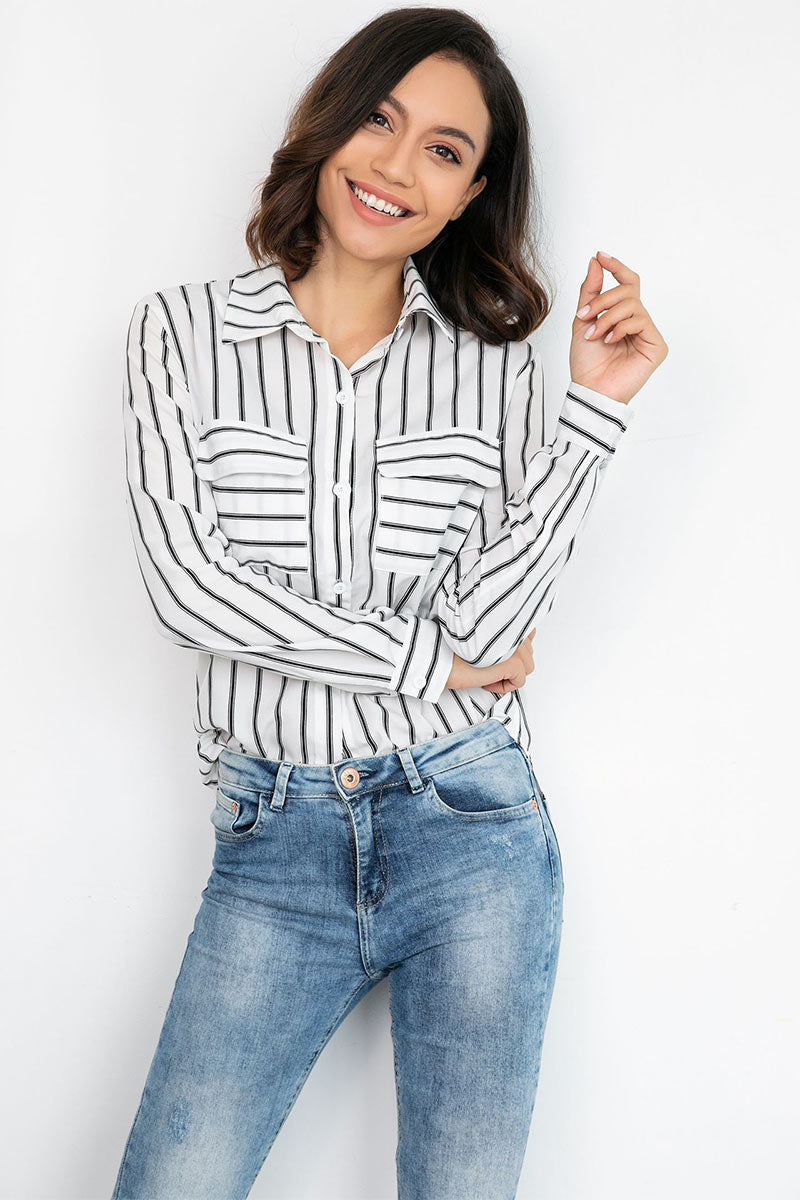 Vertical Striped Single Breasted Fitted Blouse