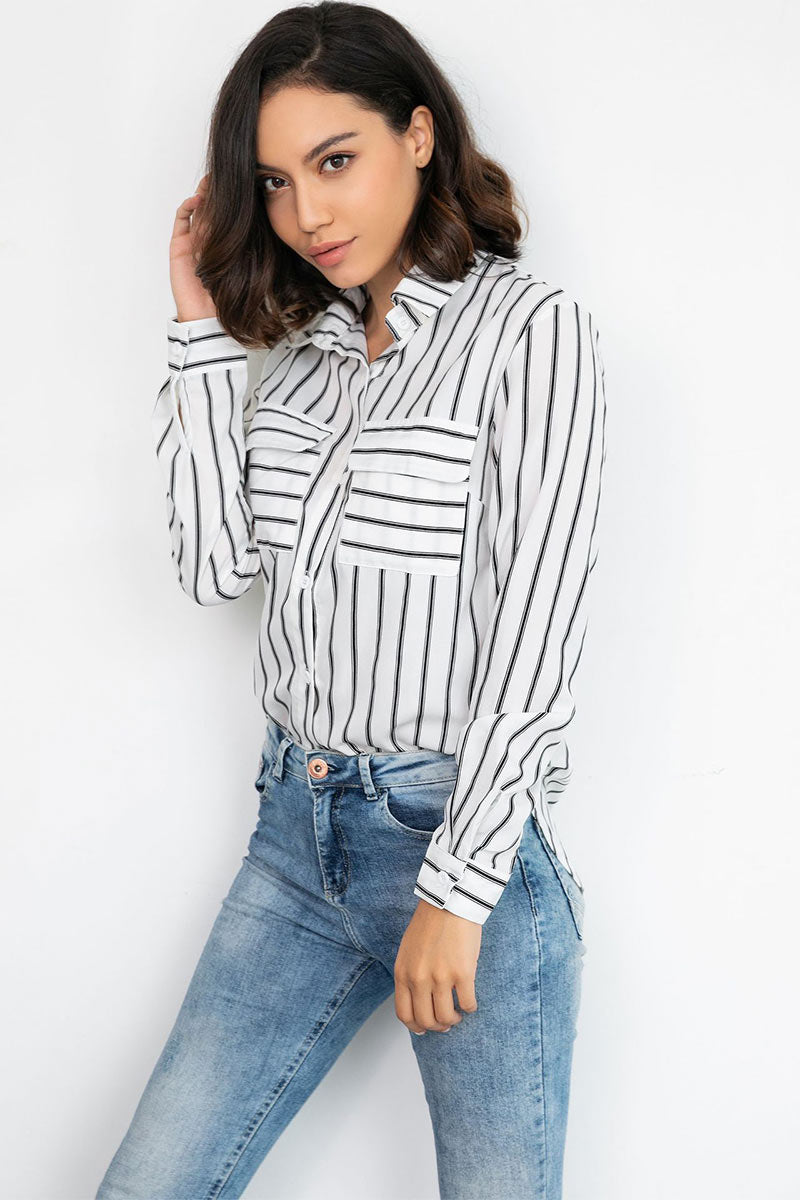 Vertical Striped Single Breasted Fitted Blouse