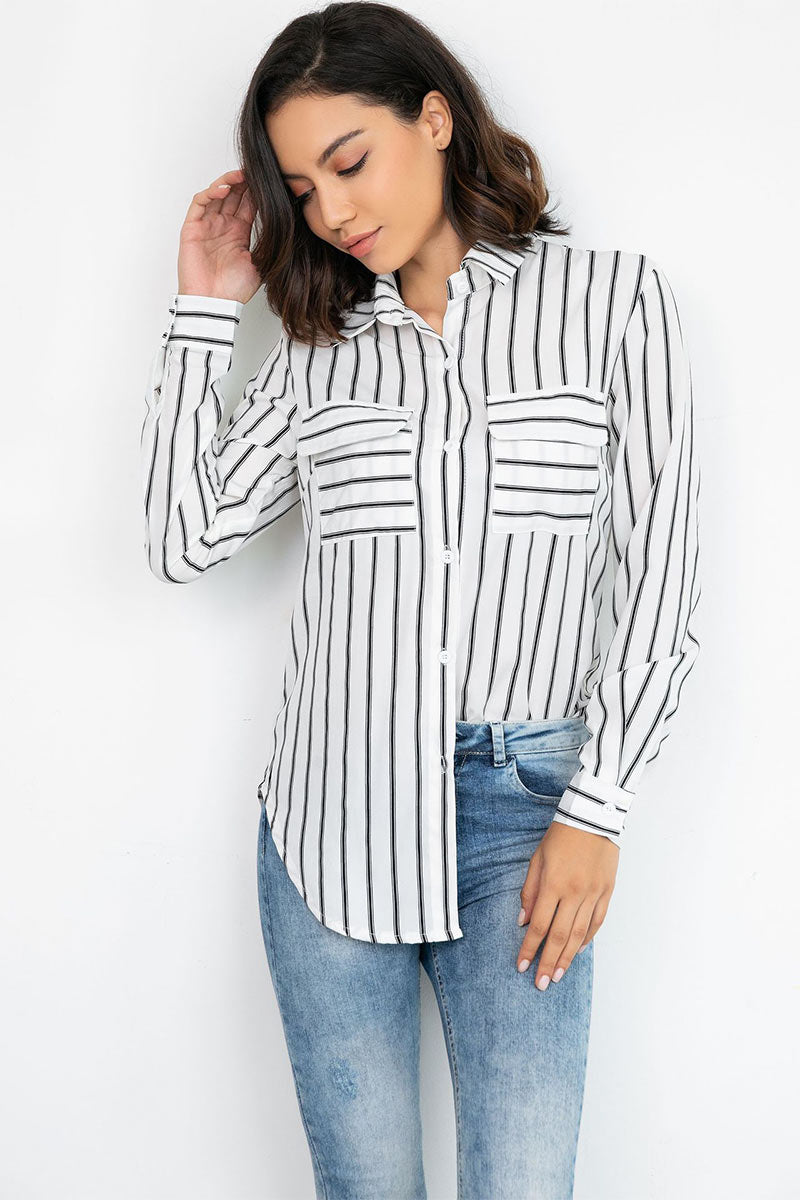 Vertical Striped Single Breasted Fitted Blouse - Mislish