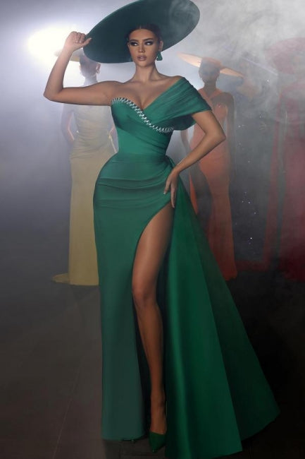 Vintage Long Green Mermaid One Shoulder Beaded Prom Dress with High Slit - Fashionpara