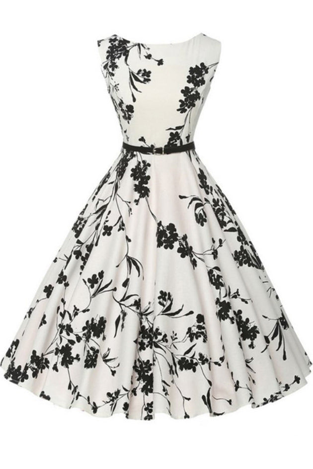 Vintage Round Neck Belt Hepburn Printed Dress