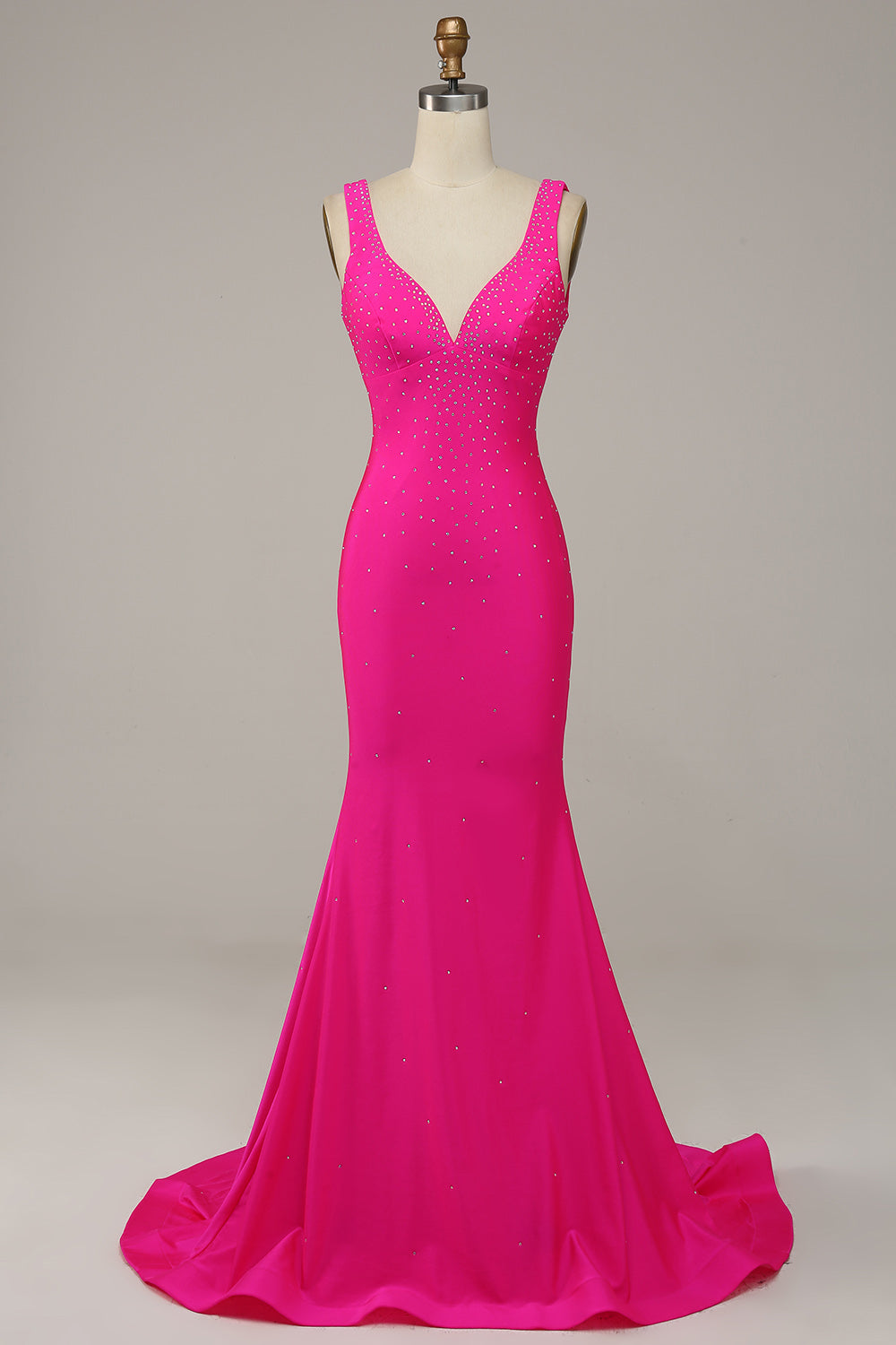 Fuchsia Mermaid V-Neck Beaded Prom Dress