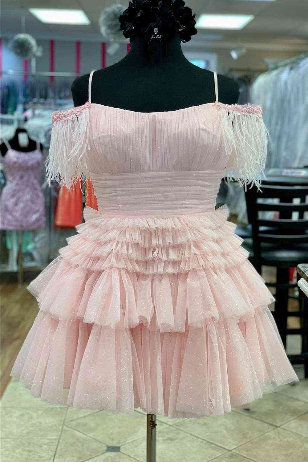 Thea A-Line Pink Glitter Tulle Homecoming Dress with Feathers