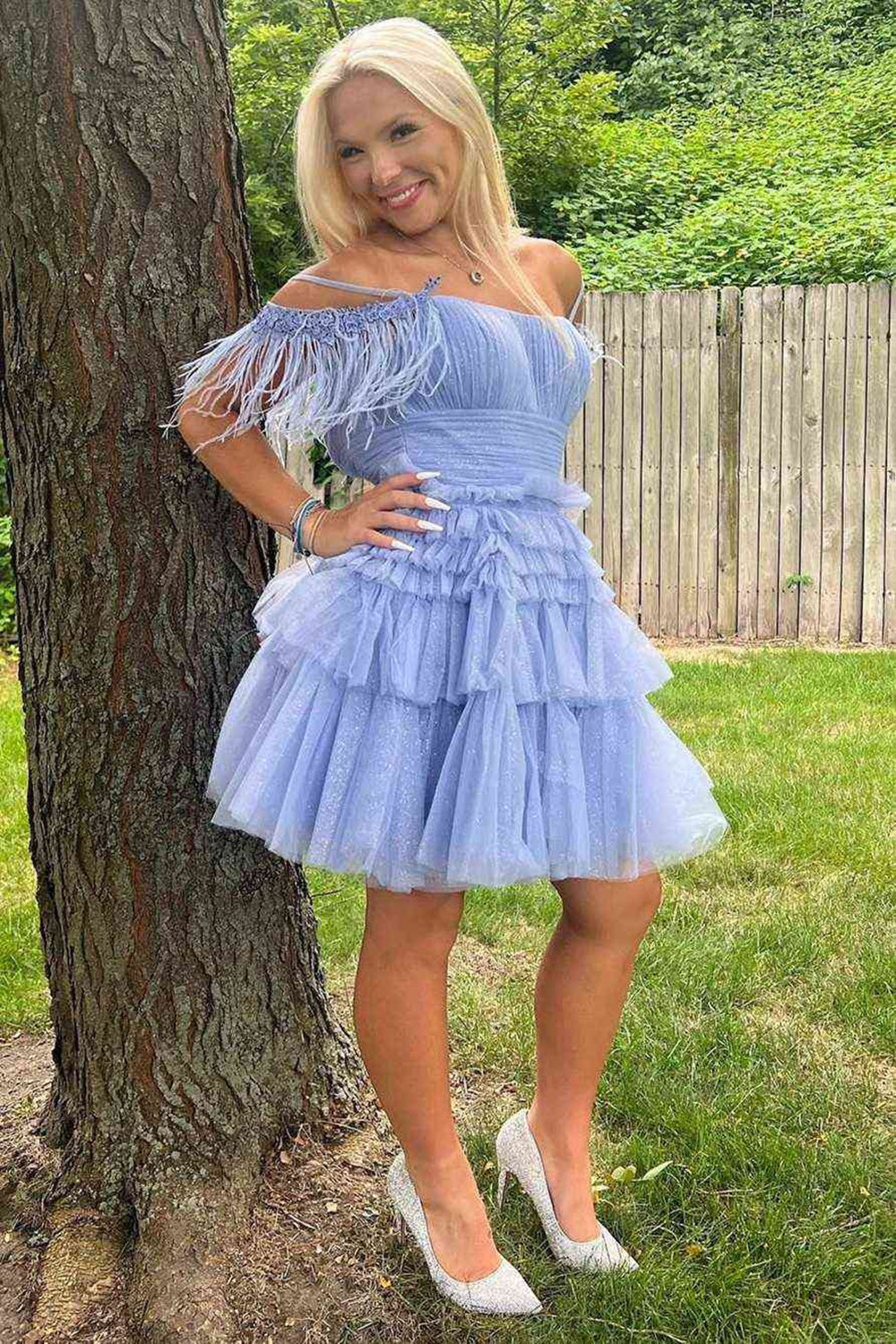 Thea A-Line Pink Glitter Tulle Homecoming Dress with Feathers