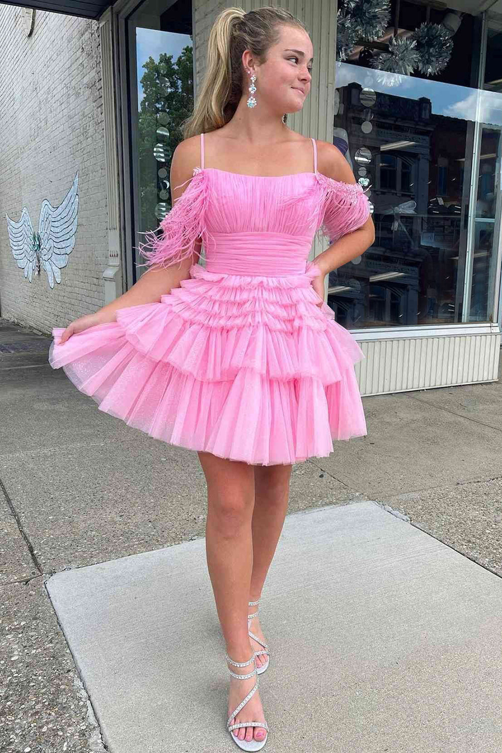 Thea A-Line Pink Glitter Tulle Homecoming Dress with Feathers