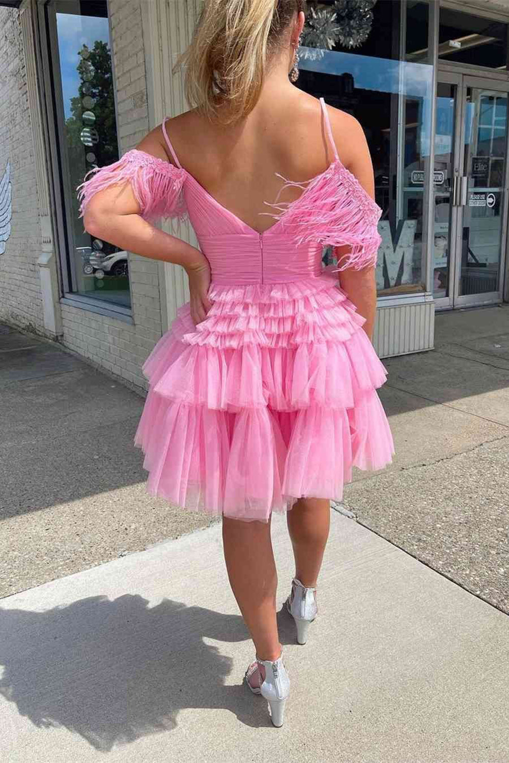 Thea A-Line Pink Glitter Tulle Homecoming Dress with Feathers