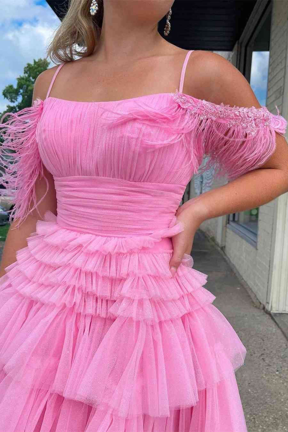 Thea A-Line Pink Glitter Tulle Homecoming Dress with Feathers