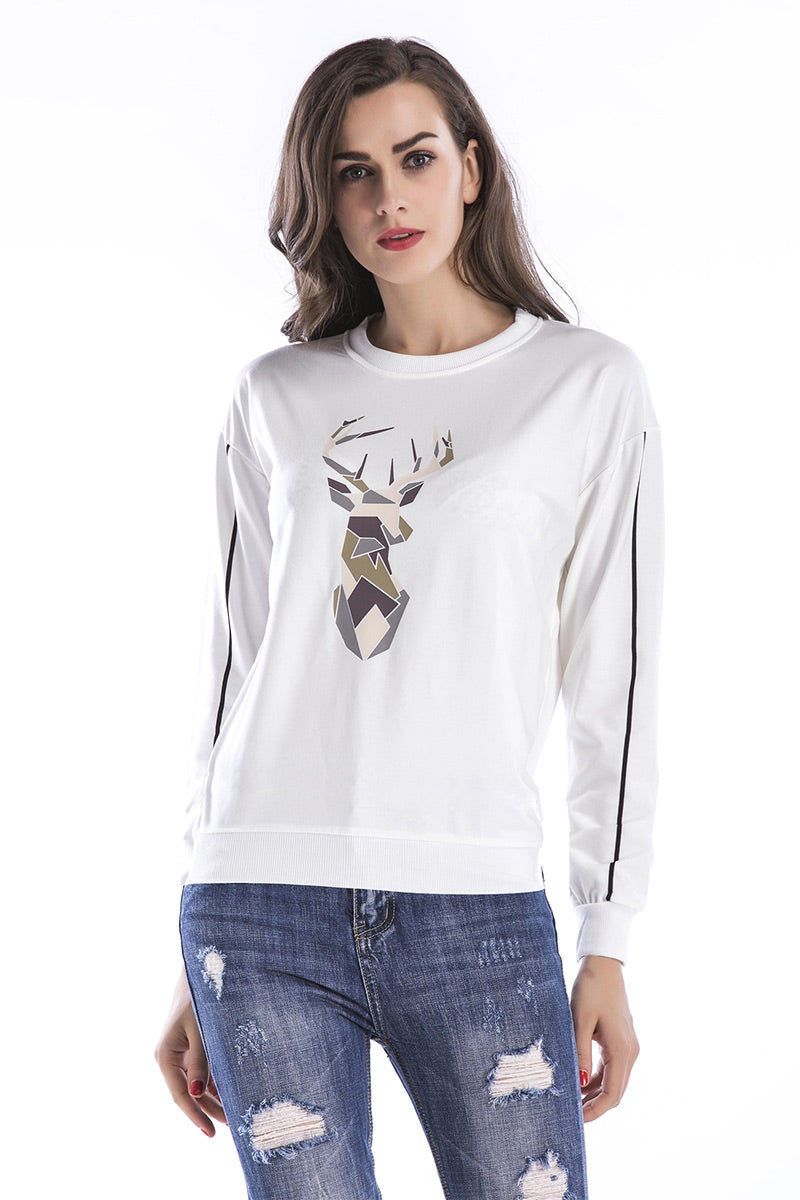 White Antler Print Striped Sweatshirt - Mislish