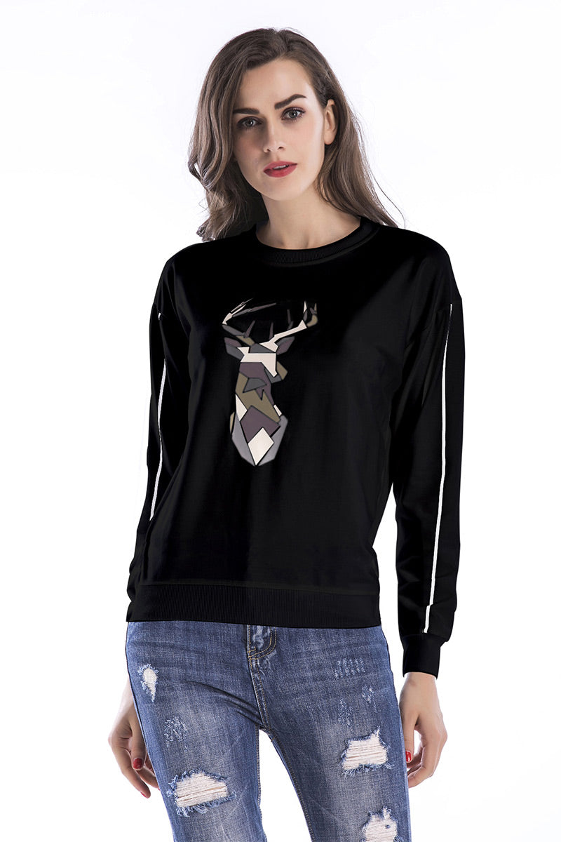 White Antler Print Striped Sweatshirt - Mislish