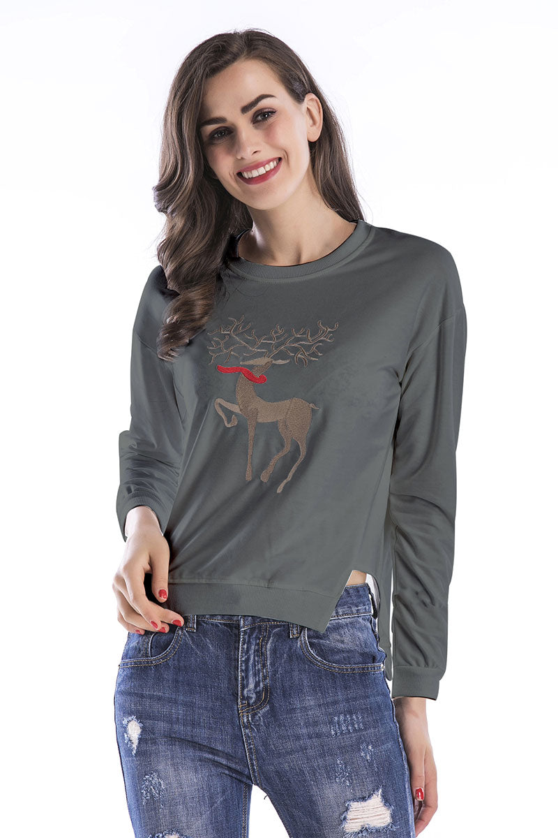 White Deer Print Asymmetrical Hem Sweatshirt - Mislish