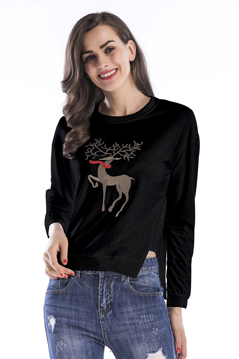 White Deer Print Asymmetrical Hem Sweatshirt - Mislish