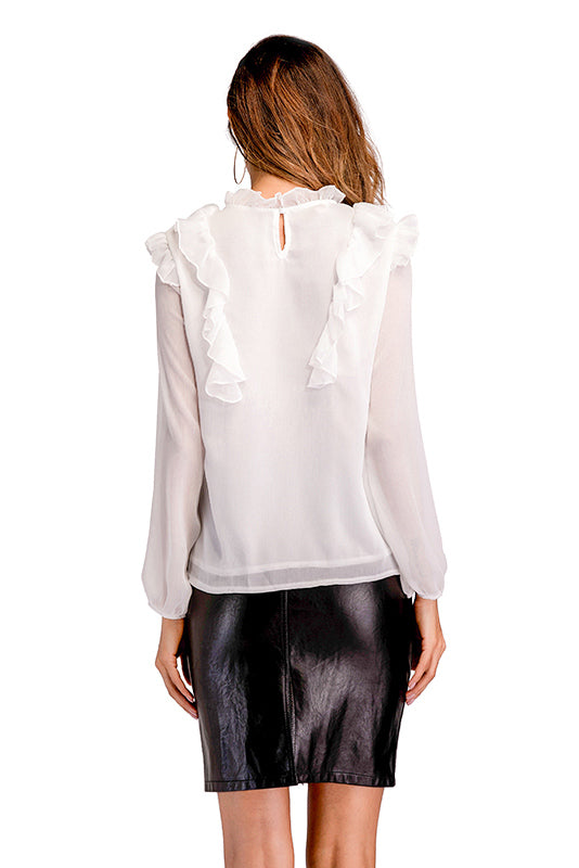 White Falbala Trim Long Sleeve Blouse