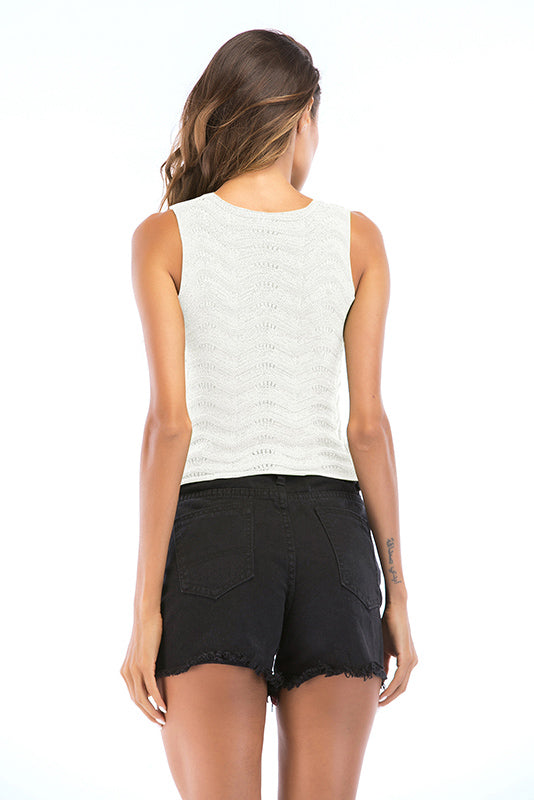 White Knit Cut Out Wave Hem Crop Top