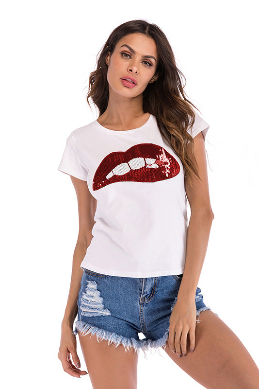 Sexy Lip Sequined Short Sleeve Tee