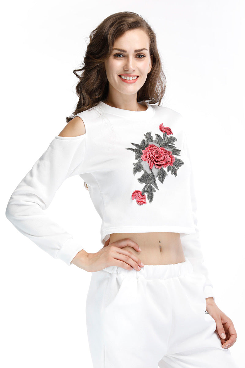 White Off-the-shoulder Flower Embroidered Sweatshirt