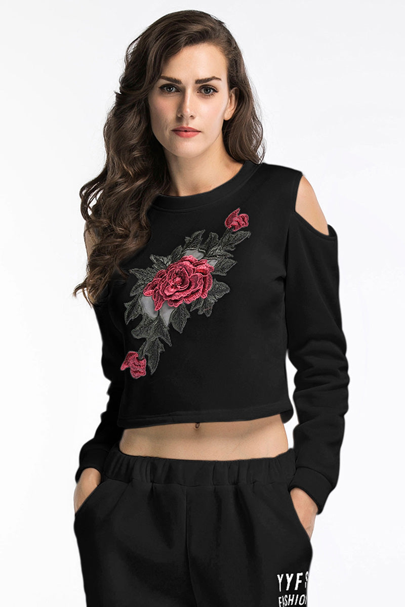 White Off-the-shoulder Flower Embroidered Sweatshirt - Mislish