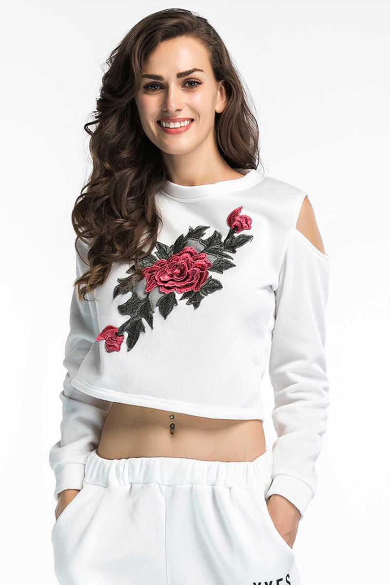 White Off-the-shoulder Flower Embroidered Sweatshirt - Mislish