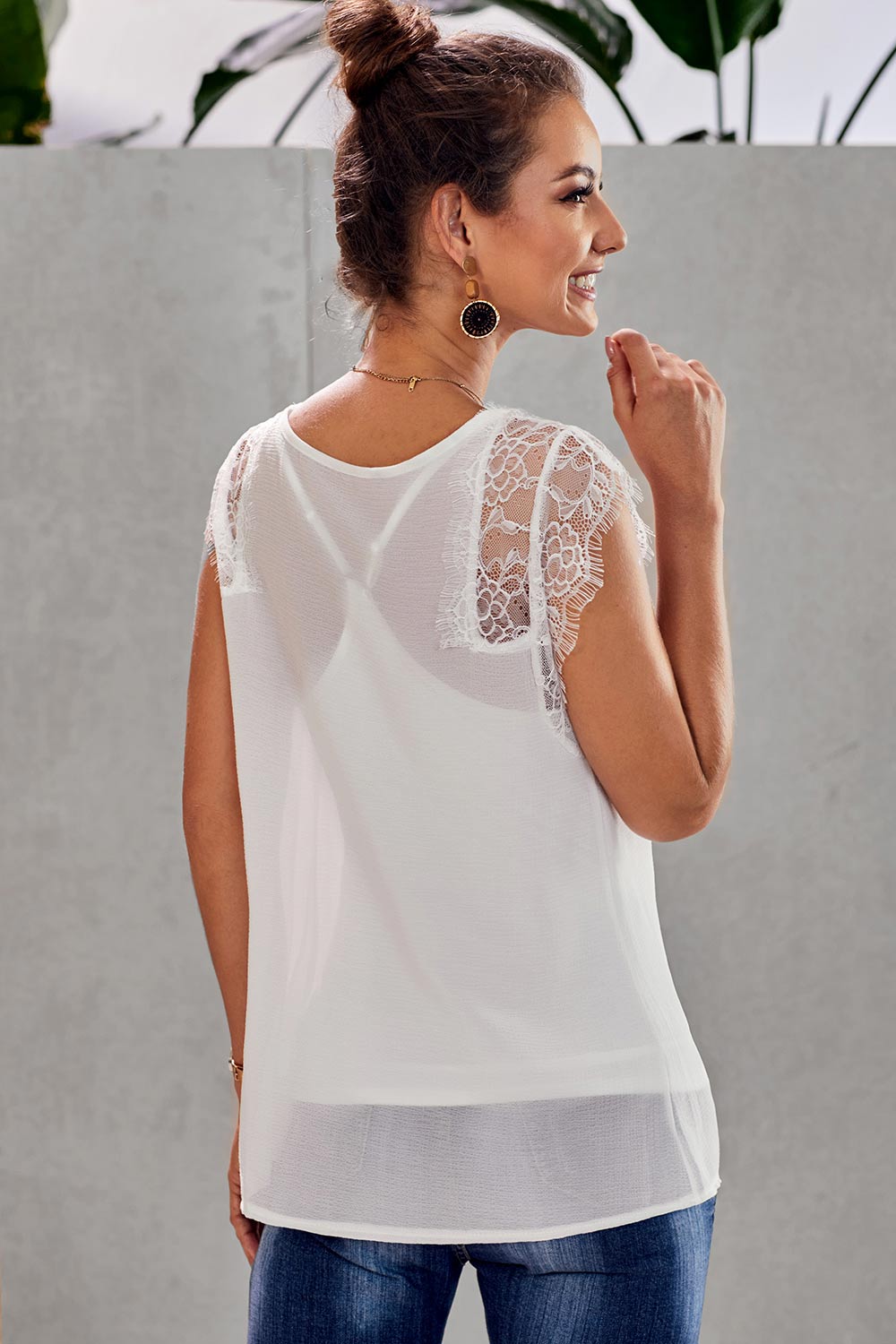 White Patched Lace V Neck Blouse