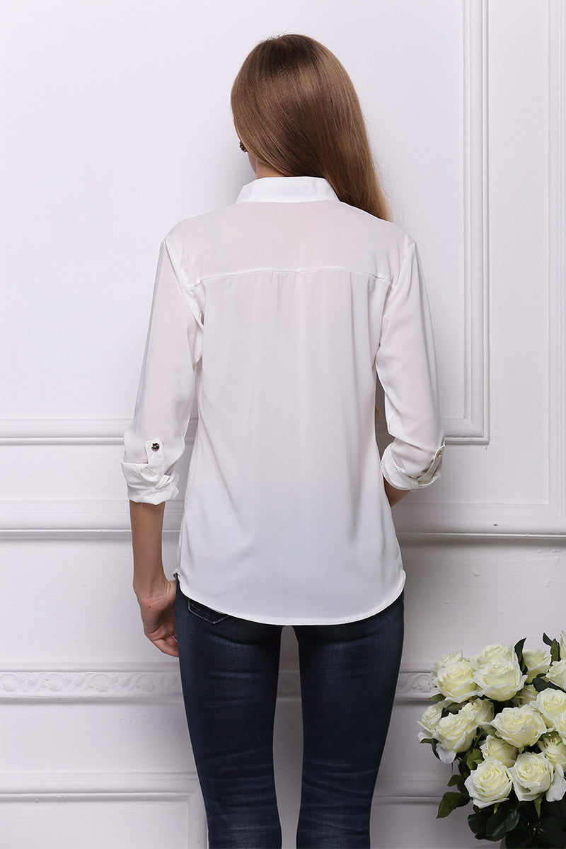 White Pocket Front Single Breasted Blouse With Long Sleeves