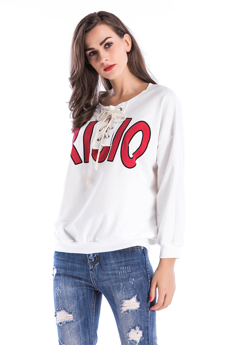 White Self Tie Printed Sweatshirt