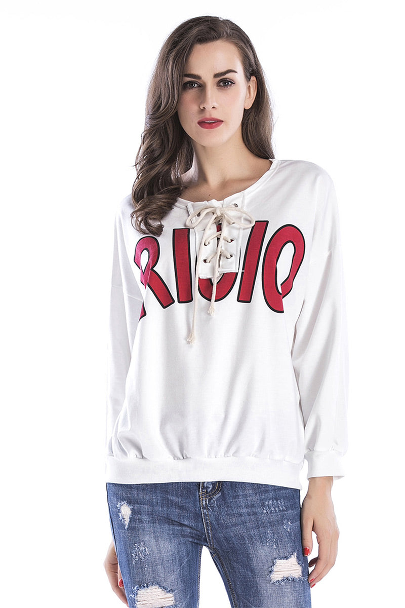 White Self Tie Printed Sweatshirt - Mislish