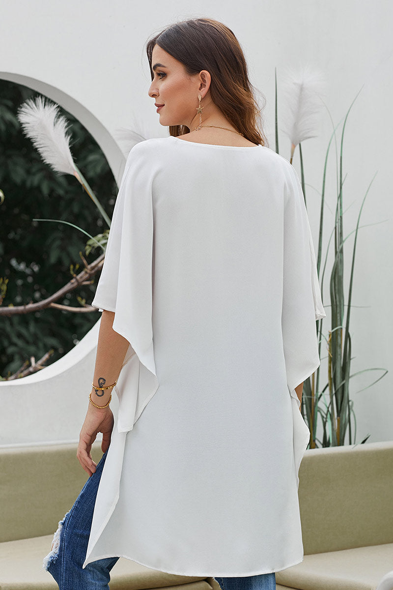 White V-cut Asymmetrical Hem Chiffon Blouse