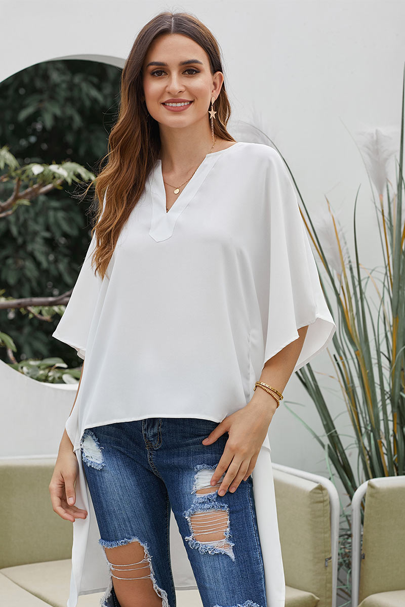 White V-cut Asymmetrical Hem Chiffon Blouse