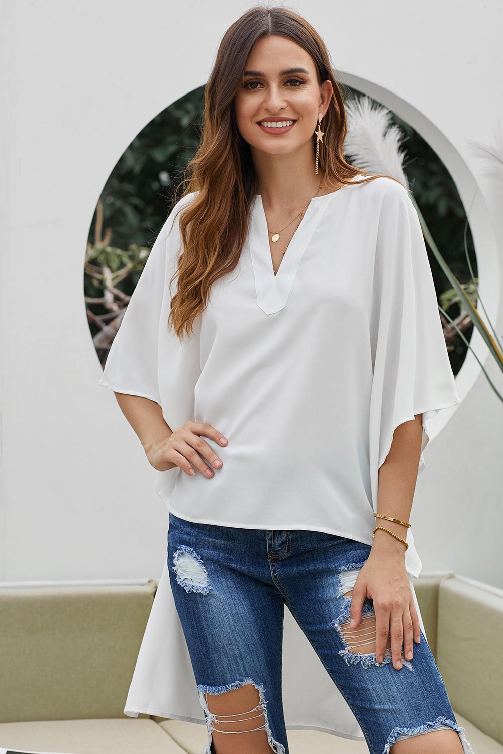 White V-cut Asymmetrical Hem Chiffon Blouse - Mislish