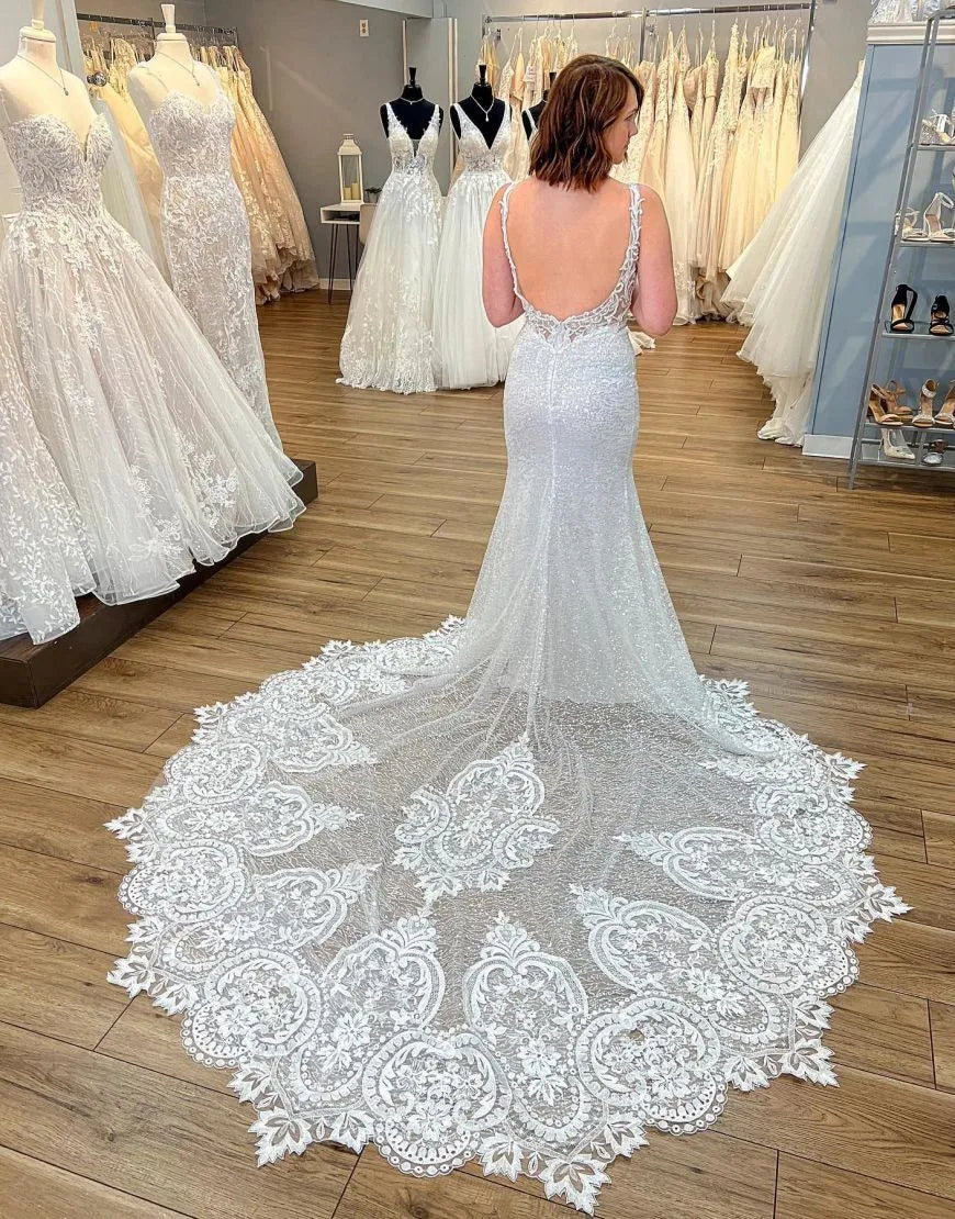 White Mermaid Deep V-Neck Open Back Chapel Train Wedding Dress