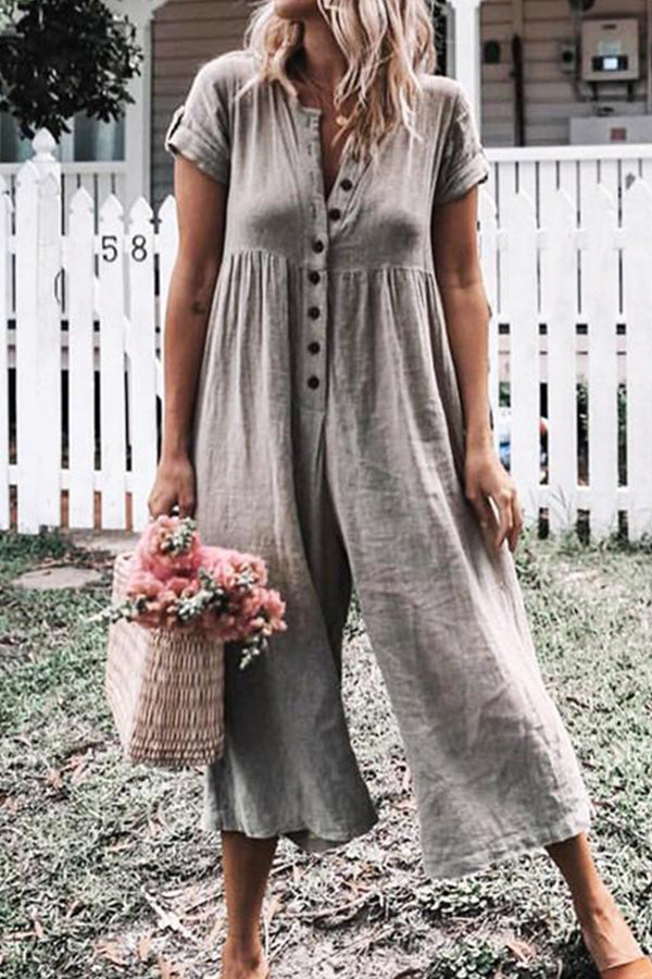 Solid Wide-leg Button Up Jumpsuit - Mislish