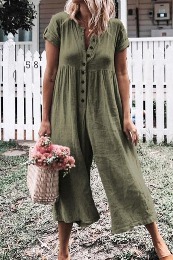 Solid Wide-leg Button Up Jumpsuit - Mislish