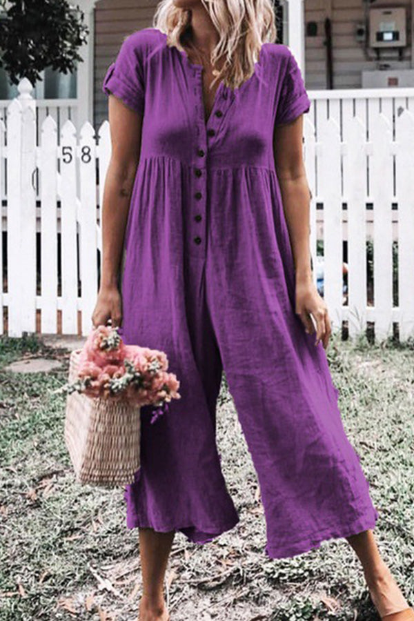 Solid Wide-leg Button Up Jumpsuit - Mislish