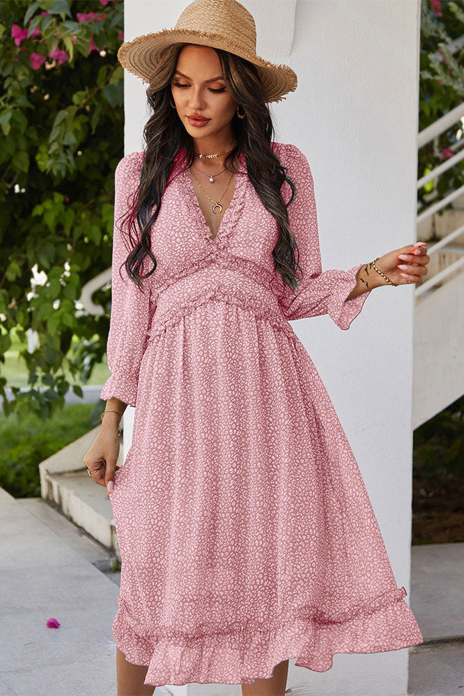 Women Mid-Length V-neck Printed A-Line Dress