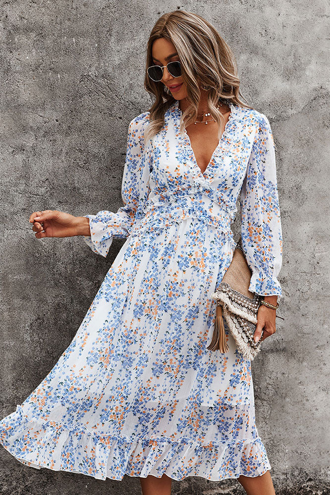 Sexy Long Sleeve Mid-Length V-neck Printed Dress