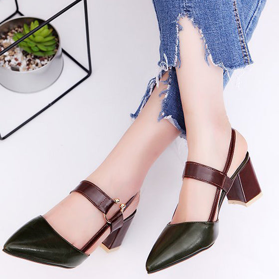 Chunky Heel Pointed Cap-toe Sandals With Buckle