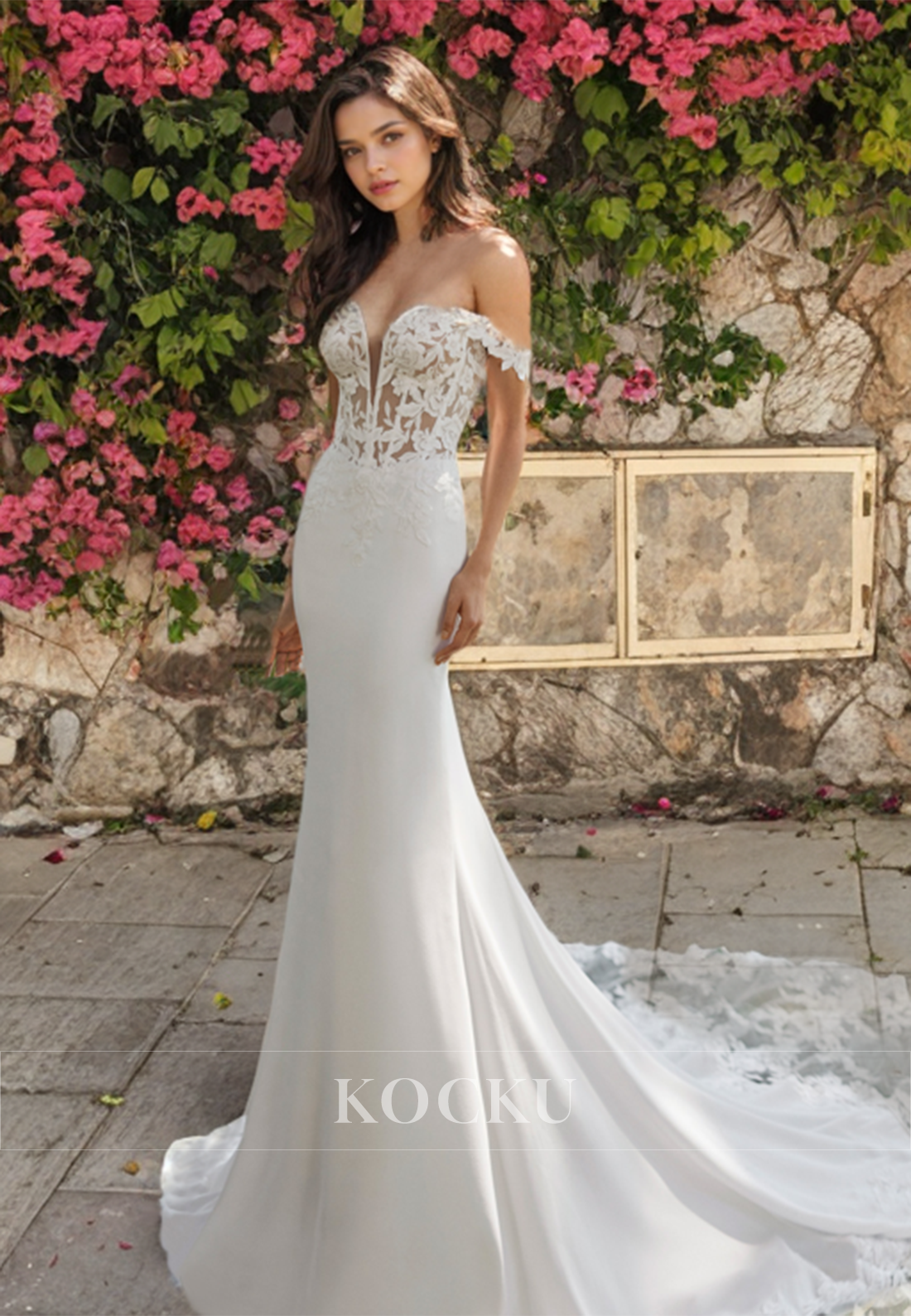 Off-Shoulder Sweetheart Sleeveless Mermaid Wedding Dress Train Satin Bridal Gowns with Appliques - Fashionpara