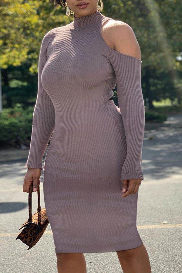 Asymmetrical Hollow Long-sleeved Elegant Knitted Dress