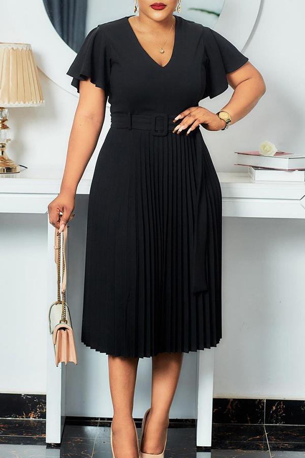 Temperament V Neck Plus Size Pleated Midi Dress