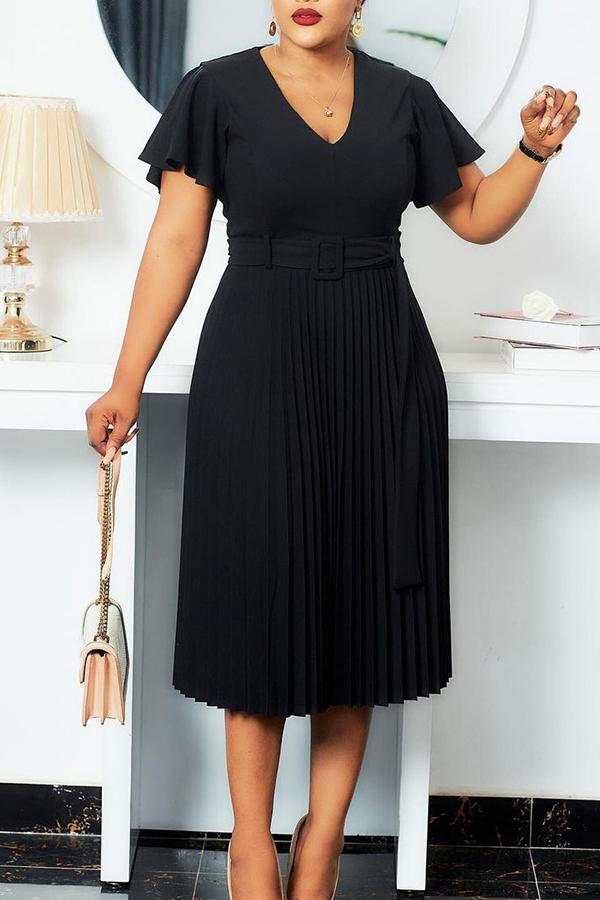 Temperament V Neck Plus Size Pleated Midi Dress