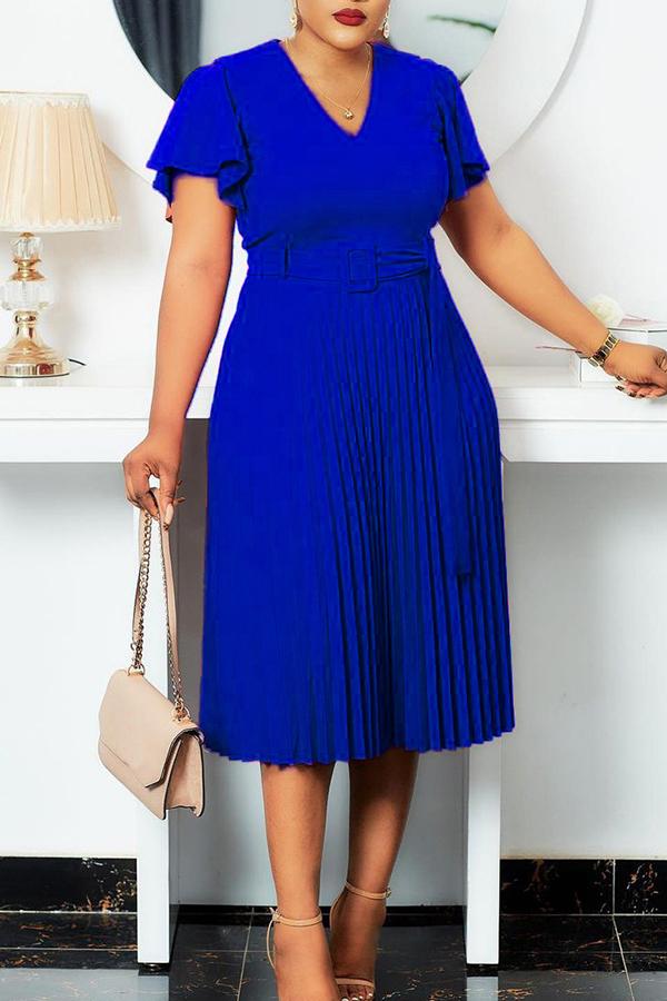 Temperament V Neck Plus Size Pleated Midi Dress