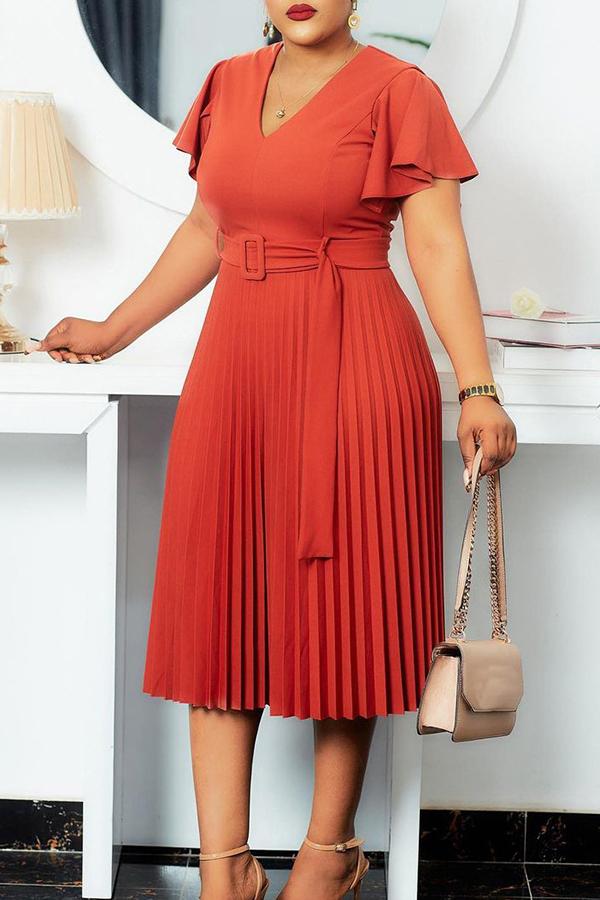 Temperament V Neck Plus Size Pleated Midi Dress