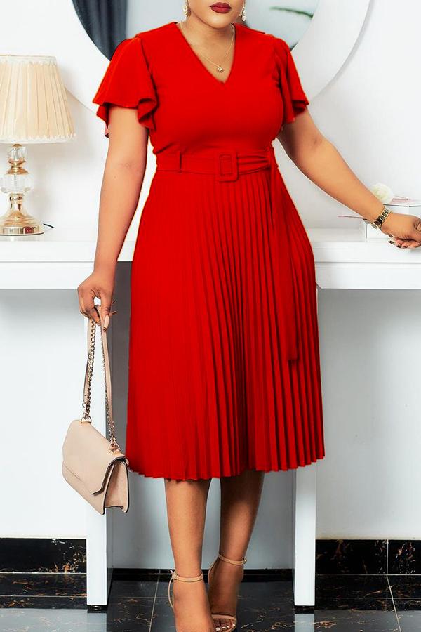 Temperament V Neck Plus Size Pleated Midi Dress