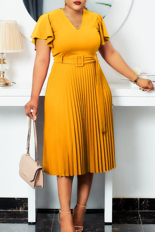 Temperament V Neck Plus Size Pleated Midi Dress